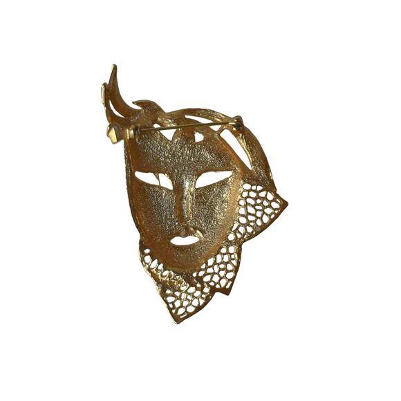 80s Art Deco Style Gold Plate White Red Enamel Rhinestone Lady Face Mask Brooch - Picture 2 of 3